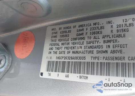 2009 Honda Accord Lx z USA, uszkodzony, nr VIN 1HGCP26329A093005